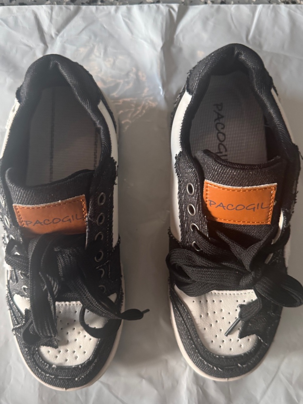 Paco Gil Black and White Kids Lace-Up Sneakers with Tan Patch